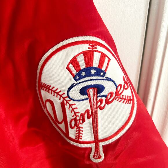 Vintage 90's Majestic Varsity Jacket MLB New York Yankees Satin Red Mens Sz 4XL - Picture 8 of 11